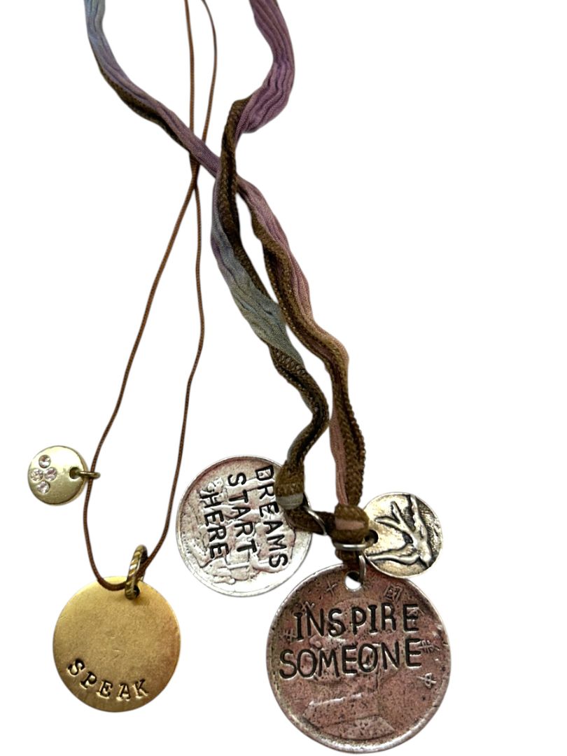 2 Charm Pendant Necklaces "Speak" on Cord 17" Tie Ribbon Inspire 30" Tied