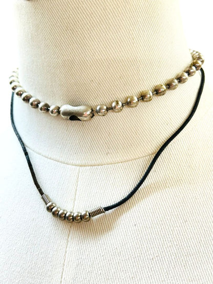 2 Silvertone Necklaces Black Corded 17" Beaded 14" Choker