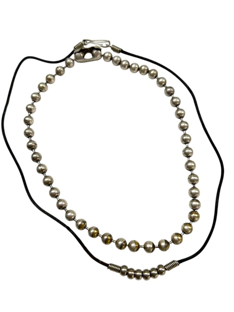 2 Silvertone Necklaces Black Corded 17" Beaded 14" Choker