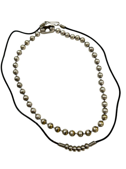 2 Silvertone Necklaces Black Corded 17" Beaded 14" Choker
