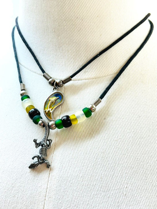 Set of 2 Cord Necklaces Lizard Beaded Pendant Hook Closure 15-16"