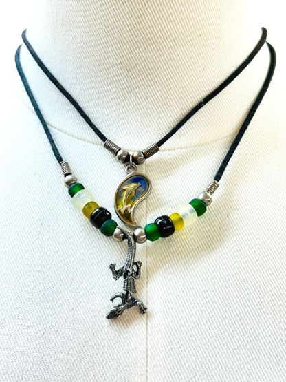 Set of 2 Cord Necklaces Lizard Beaded Pendant Hook Closure 15-16"
