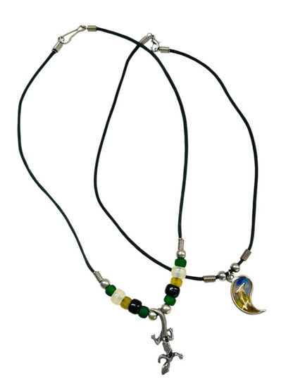 Set of 2 Cord Necklaces Lizard Beaded Pendant Hook Closure 15-16"