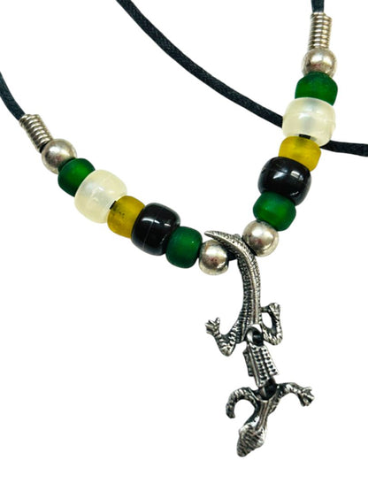 Set of 2 Cord Necklaces Lizard Beaded Pendant Hook Closure 15-16"