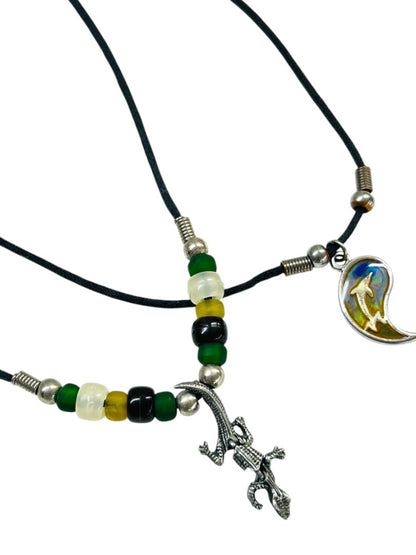 Set of 2 Cord Necklaces Lizard Beaded Pendant Hook Closure 15-16"