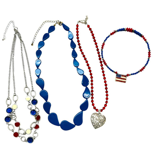 Lot of 4 Necklaces Red White Blue American Flag Wire Beaded Silvertone