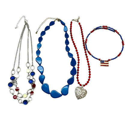 Lot of 4 Necklaces Red White Blue American Flag Wire Beaded Silvertone