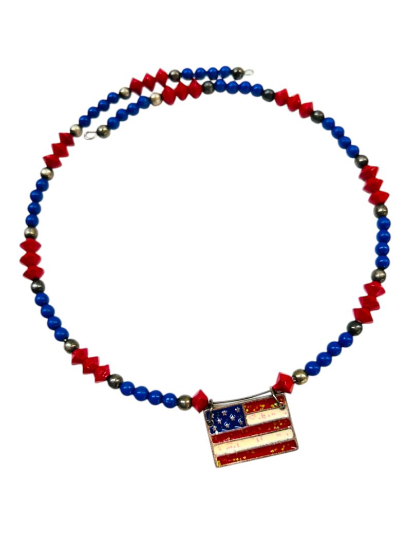 Lot of 4 Necklaces Red White Blue American Flag Wire Beaded Silvertone
