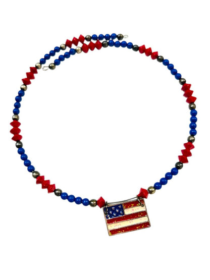 Lot of 4 Necklaces Red White Blue American Flag Wire Beaded Silvertone