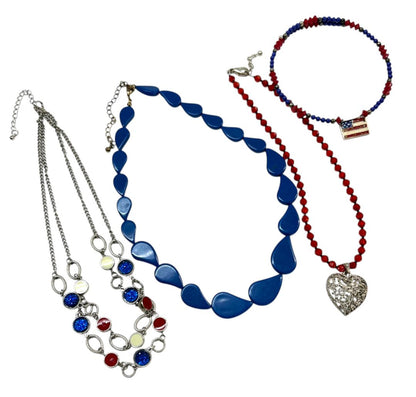 Lot of 4 Necklaces Red White Blue American Flag Wire Beaded Silvertone