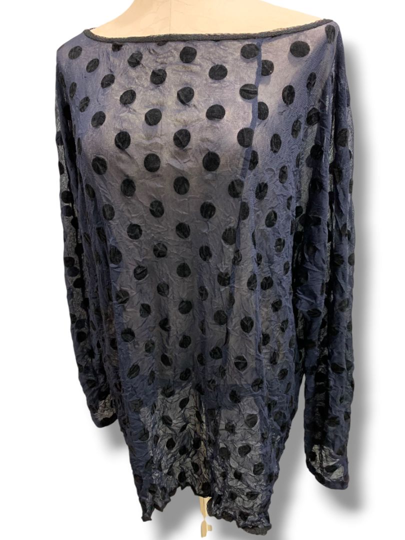 Large Babette Womens Sheer Pullover Shirt Navy Blue Black Polka Dots