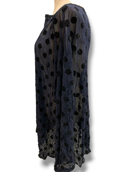 Large Babette Womens Sheer Pullover Shirt Navy Blue Black Polka Dots