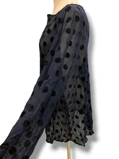 Large Babette Womens Sheer Pullover Shirt Navy Blue Black Polka Dots