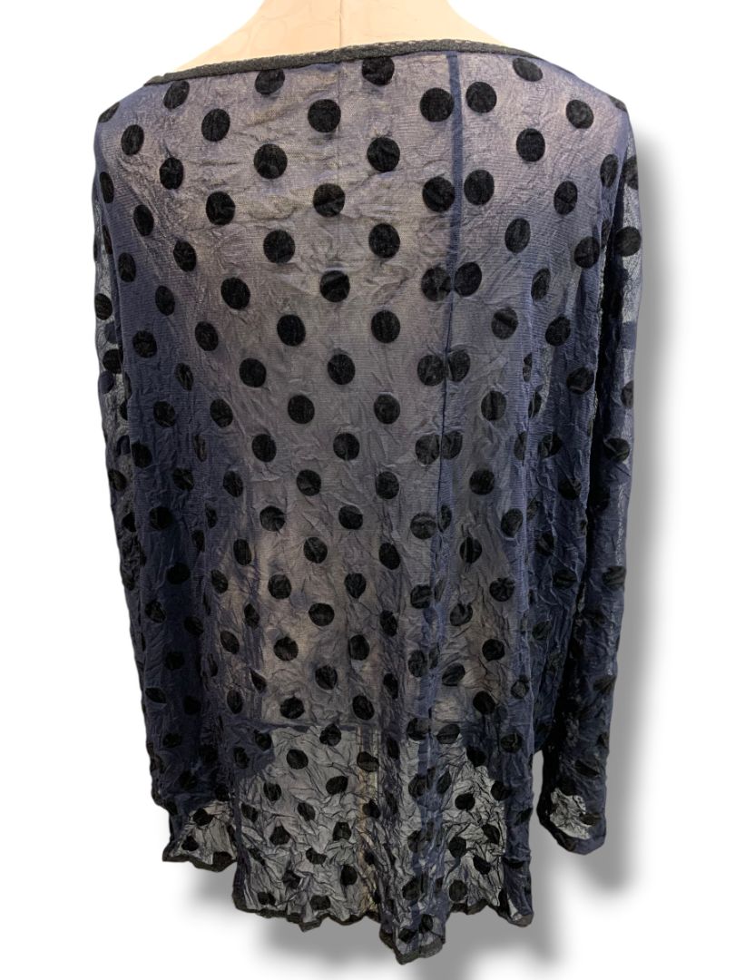 Large Babette Womens Sheer Pullover Shirt Navy Blue Black Polka Dots