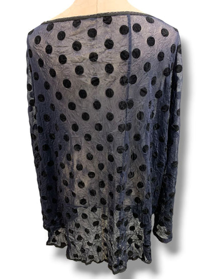 Large Babette Womens Sheer Pullover Shirt Navy Blue Black Polka Dots
