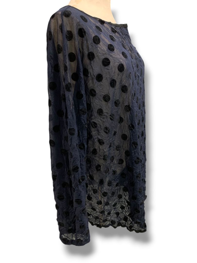 Large Babette Womens Sheer Pullover Shirt Navy Blue Black Polka Dots