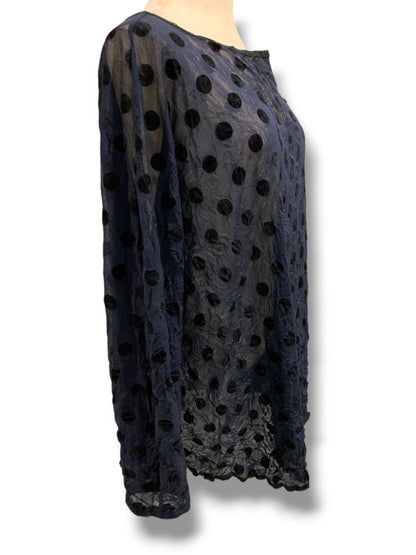 Large Babette Womens Sheer Pullover Shirt Navy Blue Black Polka Dots