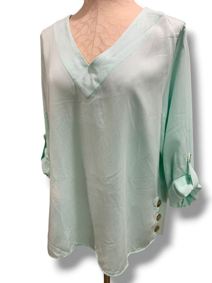 Size 1X Soft Surroundings Womens Aqua Pullover Blouse Shirt V-Neck Roll Tab Sleeves