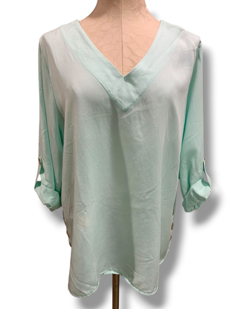 Size 1X Soft Surroundings Womens Aqua Pullover Blouse Shirt V-Neck Roll Tab Sleeves