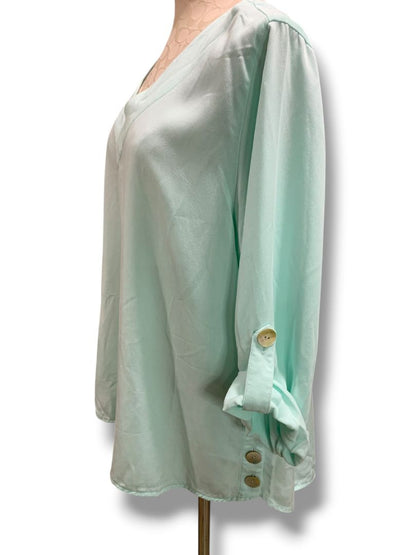Size 1X Soft Surroundings Womens Aqua Pullover Blouse Shirt V-Neck Roll Tab Sleeves