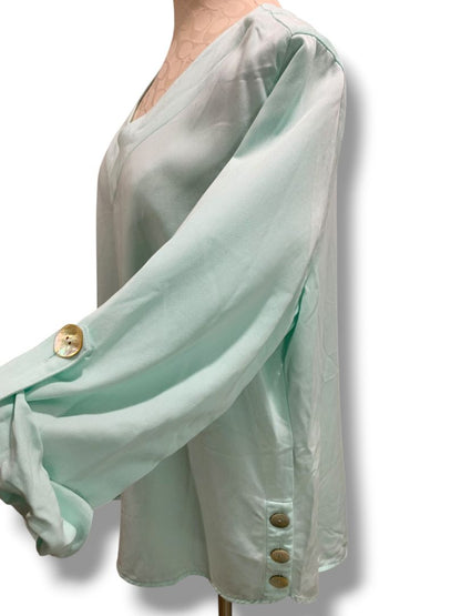 Size 1X Soft Surroundings Womens Aqua Pullover Blouse Shirt V-Neck Roll Tab Sleeves