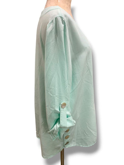 Size 1X Soft Surroundings Womens Aqua Pullover Blouse Shirt V-Neck Roll Tab Sleeves