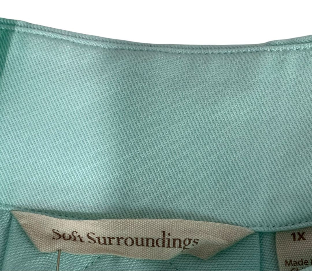 Size 1X Soft Surroundings Womens Aqua Pullover Blouse Shirt V-Neck Roll Tab Sleeves