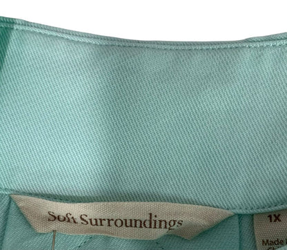 Size 1X Soft Surroundings Womens Aqua Pullover Blouse Shirt V-Neck Roll Tab Sleeves