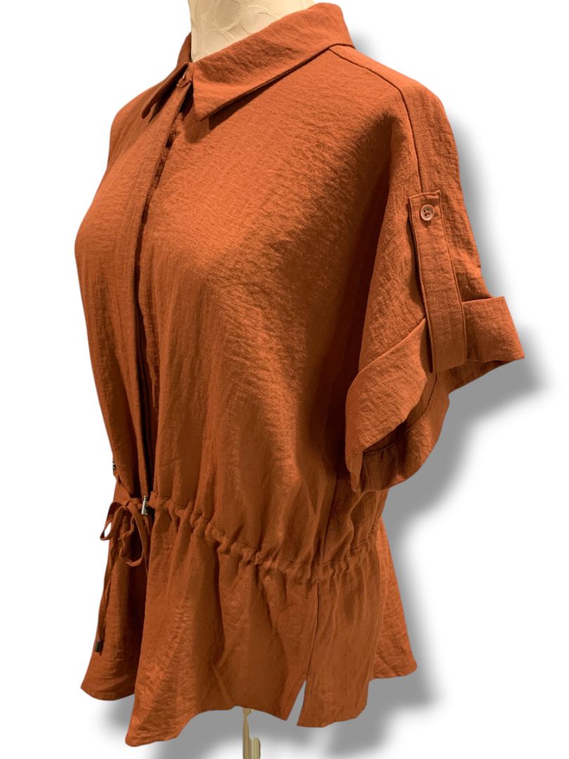 Size XL Simply Vera Wang Womens Shirt Blouse Drawstring Waist Short Sleeve Rust