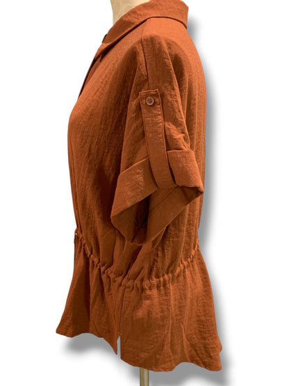 Size XL Simply Vera Wang Womens Shirt Blouse Drawstring Waist Short Sleeve Rust