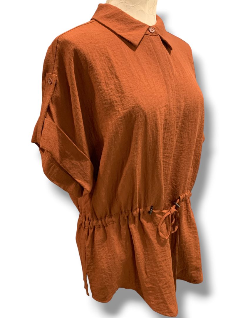 Size XL Simply Vera Wang Womens Shirt Blouse Drawstring Waist Short Sleeve Rust