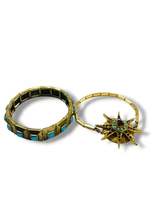 Set of 2 Goldtone Stretch Bracelets Faux Turquoise Starburst Retro Style