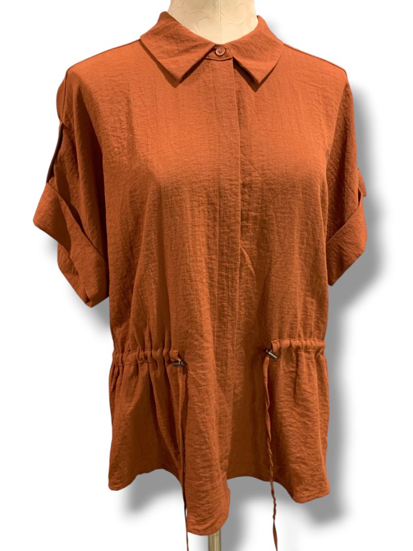 Size XL Simply Vera Wang Womens Shirt Blouse Drawstring Waist Short Sleeve Rust