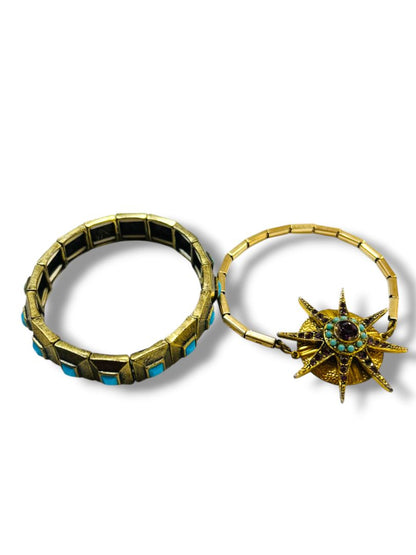 Set of 2 Goldtone Stretch Bracelets Faux Turquoise Starburst Retro Style