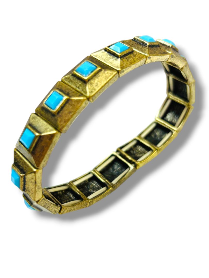 Set of 2 Goldtone Stretch Bracelets Faux Turquoise Starburst Retro Style