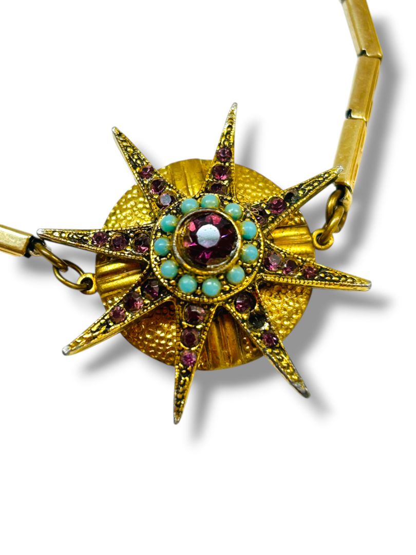 Set of 2 Goldtone Stretch Bracelets Faux Turquoise Starburst Retro Style