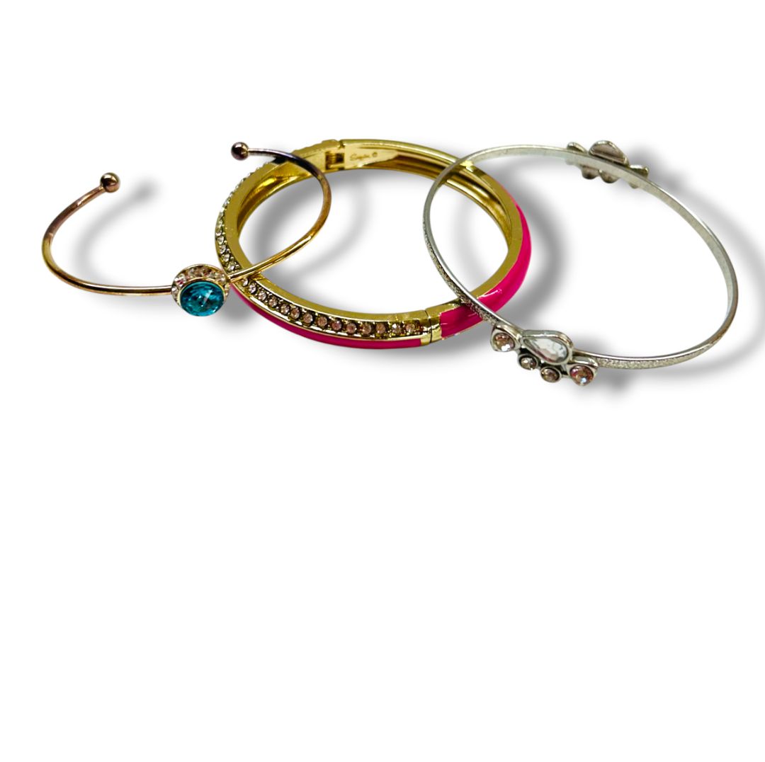 Lot of 3 Assorted Bangle Bracelets Hot Pink Silvertone Goldtone