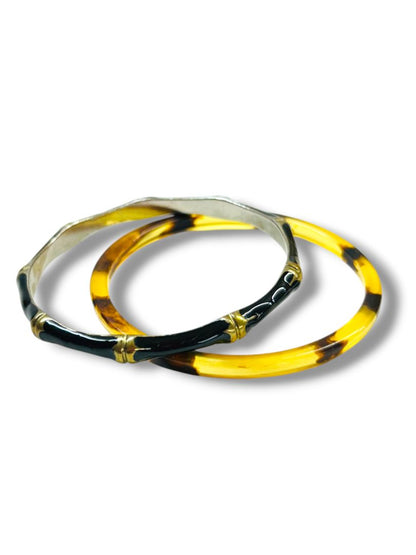 Lot of 2 Bangle Bracelets Black Goldtone Enameled Bamboo Acrylic Tortoise