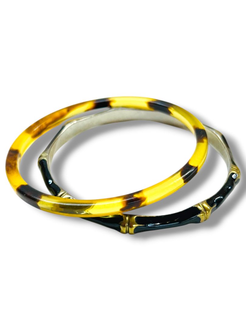 Lot of 2 Bangle Bracelets Black Goldtone Enameled Bamboo Acrylic Tortoise