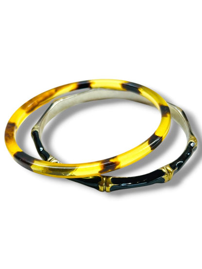 Lot of 2 Bangle Bracelets Black Goldtone Enameled Bamboo Acrylic Tortoise