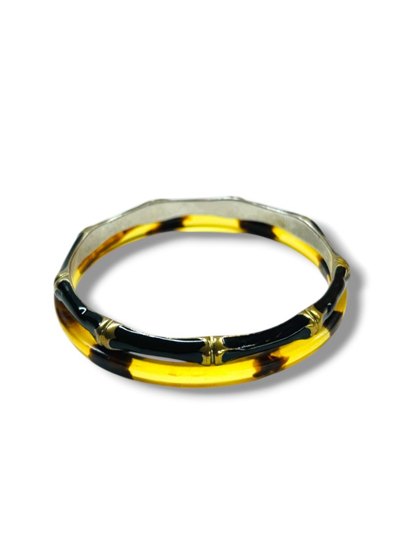 Lot of 2 Bangle Bracelets Black Goldtone Enameled Bamboo Acrylic Tortoise