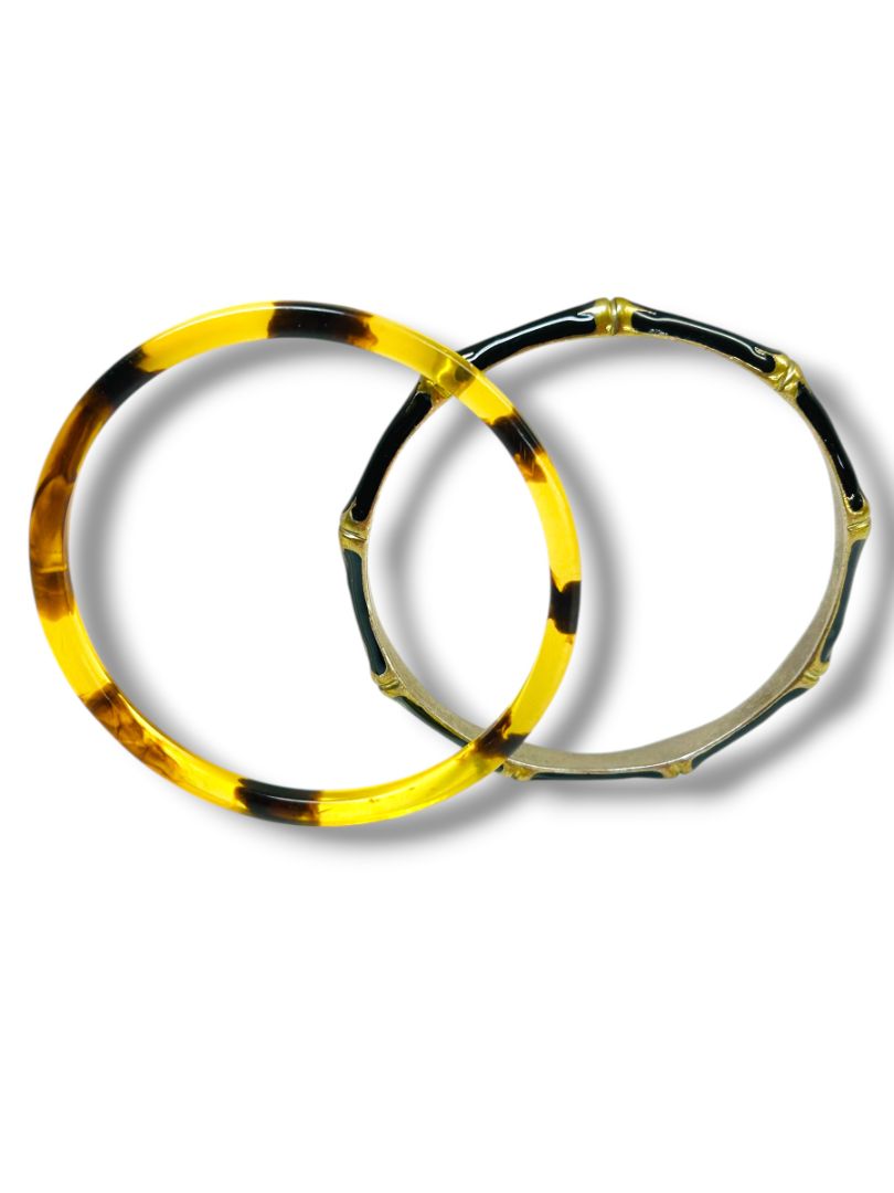 Lot of 2 Bangle Bracelets Black Goldtone Enameled Bamboo Acrylic Tortoise