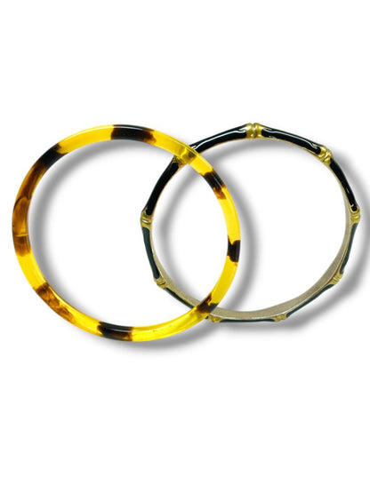 Lot of 2 Bangle Bracelets Black Goldtone Enameled Bamboo Acrylic Tortoise