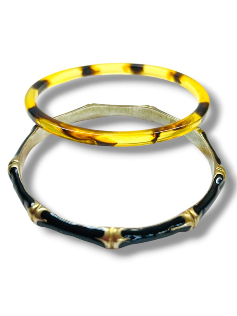 Lot of 2 Bangle Bracelets Black Goldtone Enameled Bamboo Acrylic Tortoise