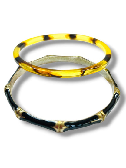 Lot of 2 Bangle Bracelets Black Goldtone Enameled Bamboo Acrylic Tortoise