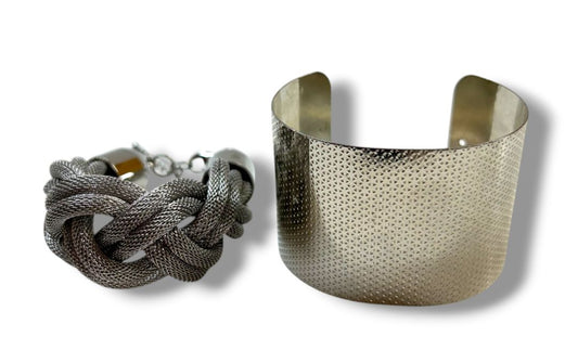 Lot of 2 Silvertone Bracelets Textured Cuff Braided Mesh Chain 7.25-8.5"