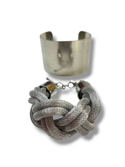 Lot of 2 Silvertone Bracelets Textured Cuff Braided Mesh Chain 7.25-8.5"
