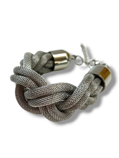 Lot of 2 Silvertone Bracelets Textured Cuff Braided Mesh Chain 7.25-8.5"