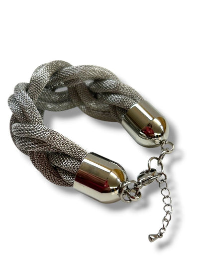 Lot of 2 Silvertone Bracelets Textured Cuff Braided Mesh Chain 7.25-8.5"