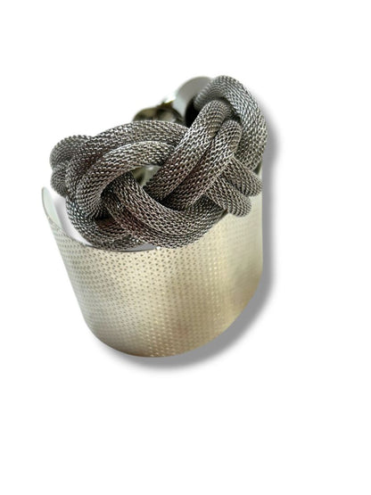 Lot of 2 Silvertone Bracelets Textured Cuff Braided Mesh Chain 7.25-8.5"